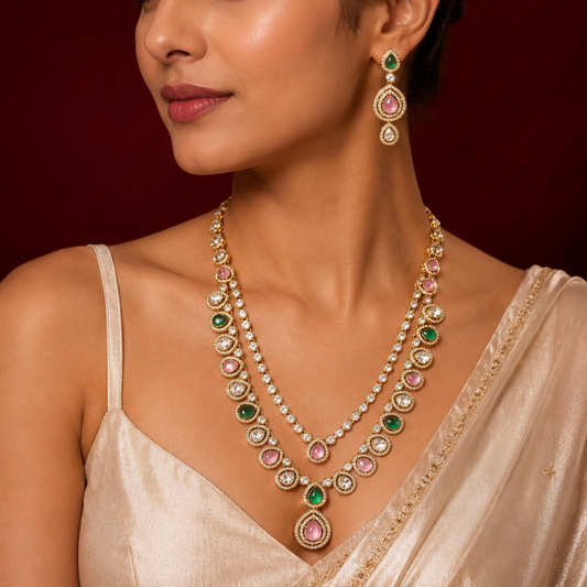 Moisannite Blush Pink Jade Green Uncut Polki Diamond Long Haar Set