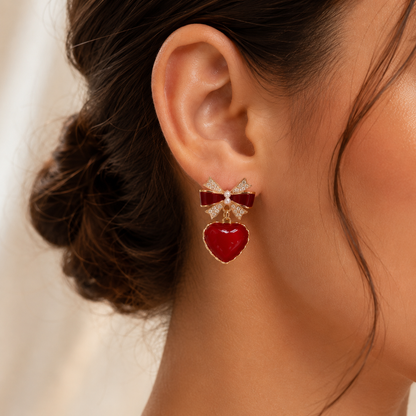 Red Enamel Bow & Heart Drop Earrings