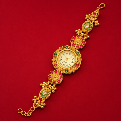 Gold Tone Ruby Emerald Round Stone Floral Nakshi Bracelet Watch
