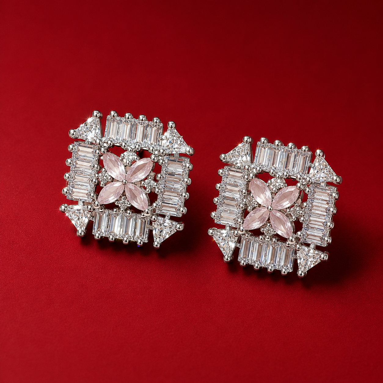 Silver Tone Star Flower AD Geometric Stud Earrings
