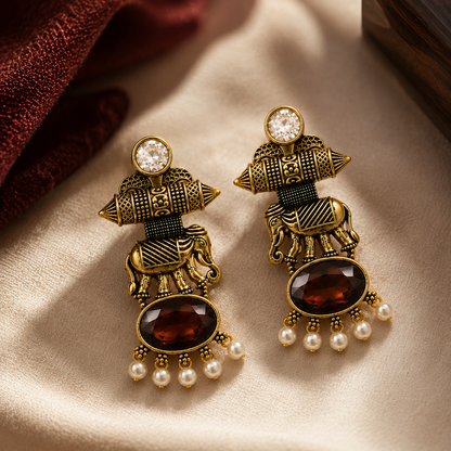 Gold Tone Elephant Motif Oval Stone Pearl Earrings