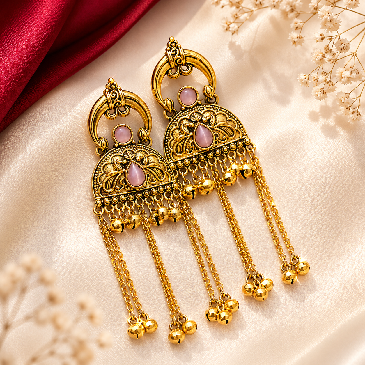 Crescent Hoop Filigree Dome Chain Ghungroo Drop Earrings