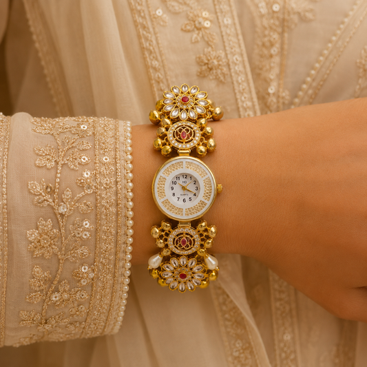 Kundan Polki Flower AD Round Ghungroo Pearl Watch