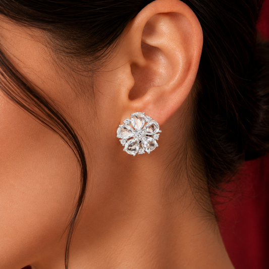 Clustered Petal Flower Round AD Stud Earrings