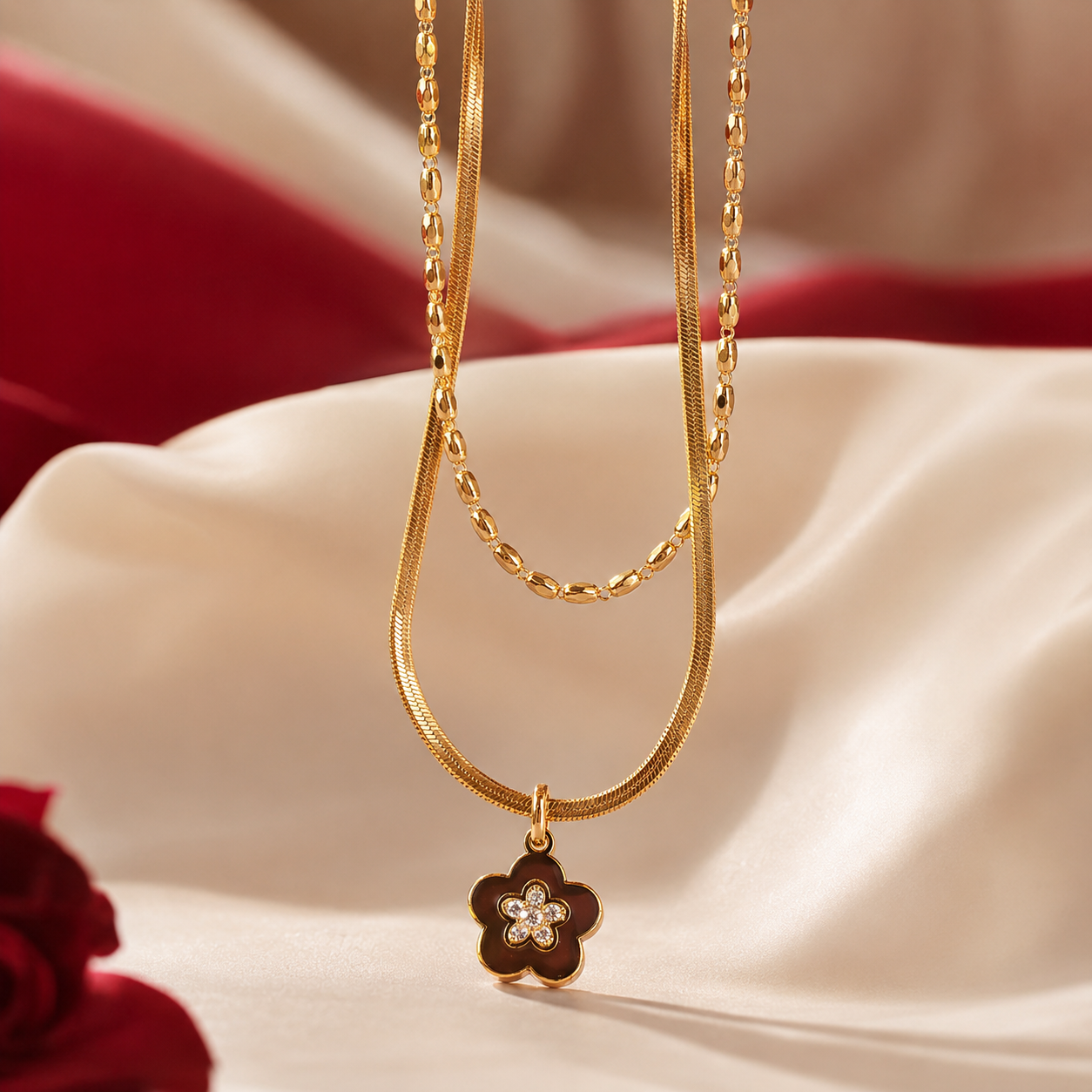 Black Enamel Flower Layered Necklace Set