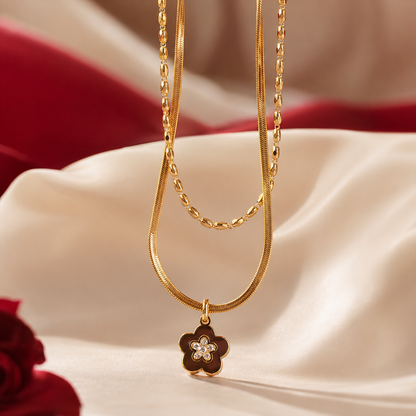 Black Enamel Flower Layered Necklace Set