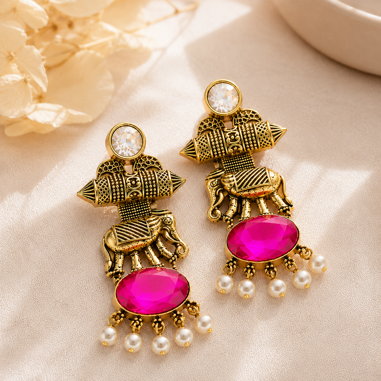 Gold Tone Elephant Motif Oval Stone Pearl Earrings