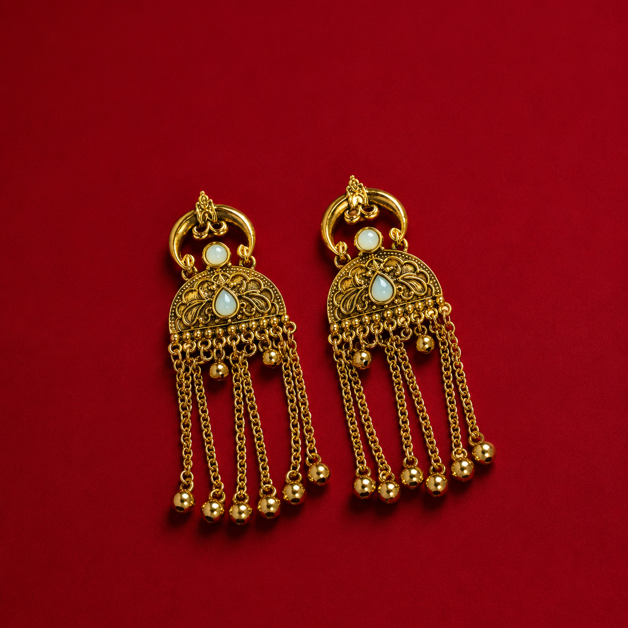 Crescent Hoop Filigree Dome Chain Ghungroo Drop Earrings