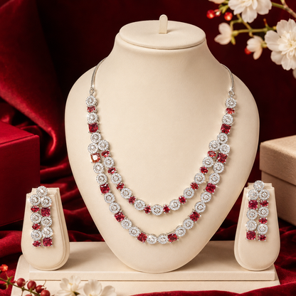 Red Ruby Square Round AD Alternating Double Layer Necklace Set