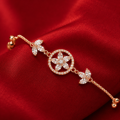 Rose Gold AD Floral Circle Halo Leaf Chain Adjustable Bracelet