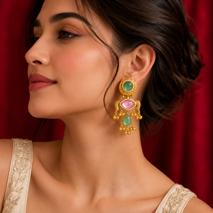 Gold Plated Green Pink Oval AD Teardrop Ghungroo Earrings