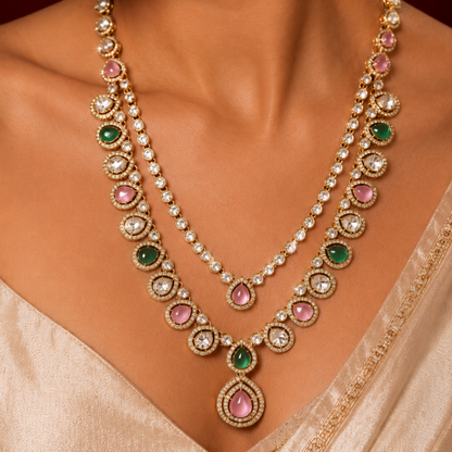 Moisannite Blush Pink Jade Green Uncut Polki Diamond Long Haar Set