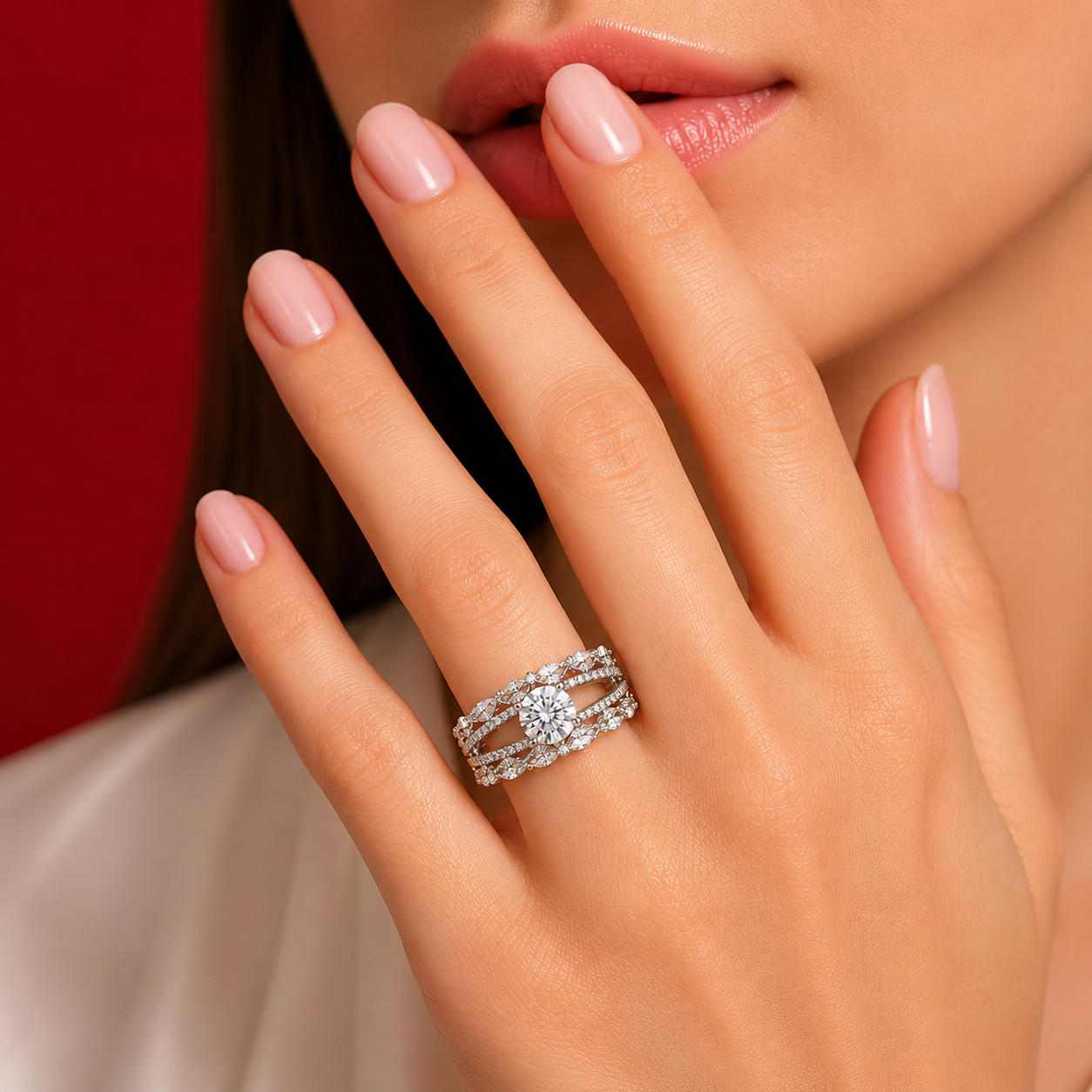 Silver Plated White AD Round Solitaire Open Multi Row Ring