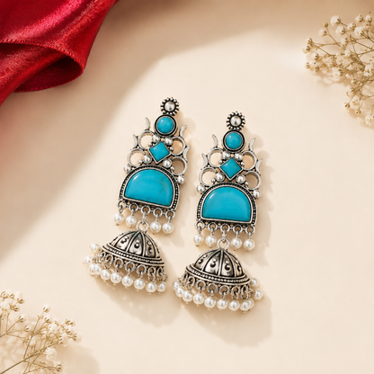 Oxidised Silver Round Half Moon Multi Stone Jhumka Pearl Earrings