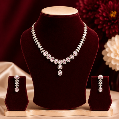 Light Pink Oval White AD Leaf Teardrop Pendant Necklace Set