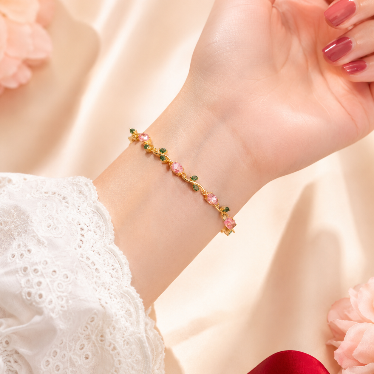 Gold Plated Blush Pink Round Twisted Vine Link Bracelet