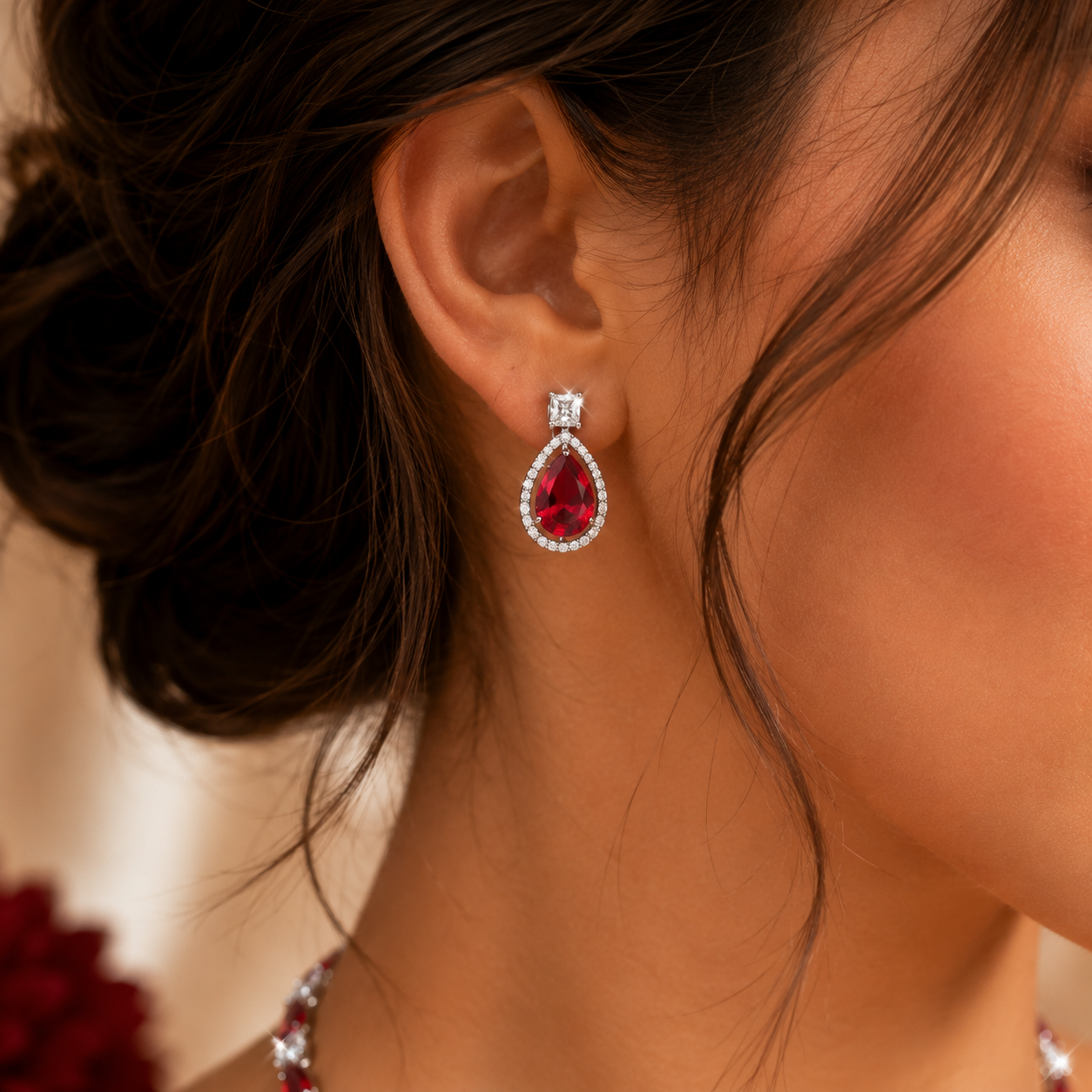 Silver Plated Deep Red Ruby Oval White AD Teardrop Necklace Set