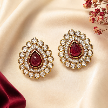 Gold Tone Ruby Teardrop AD Halo Bezel Stud Earrings