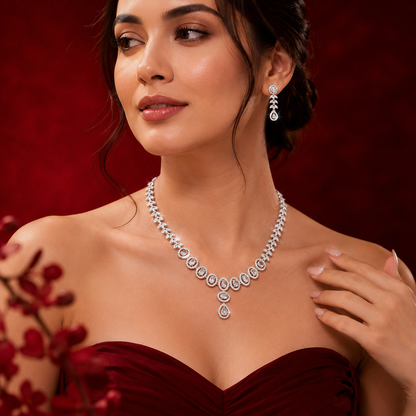 Silver Plated White AD Halo Leaf Chain Pendant Necklace Set