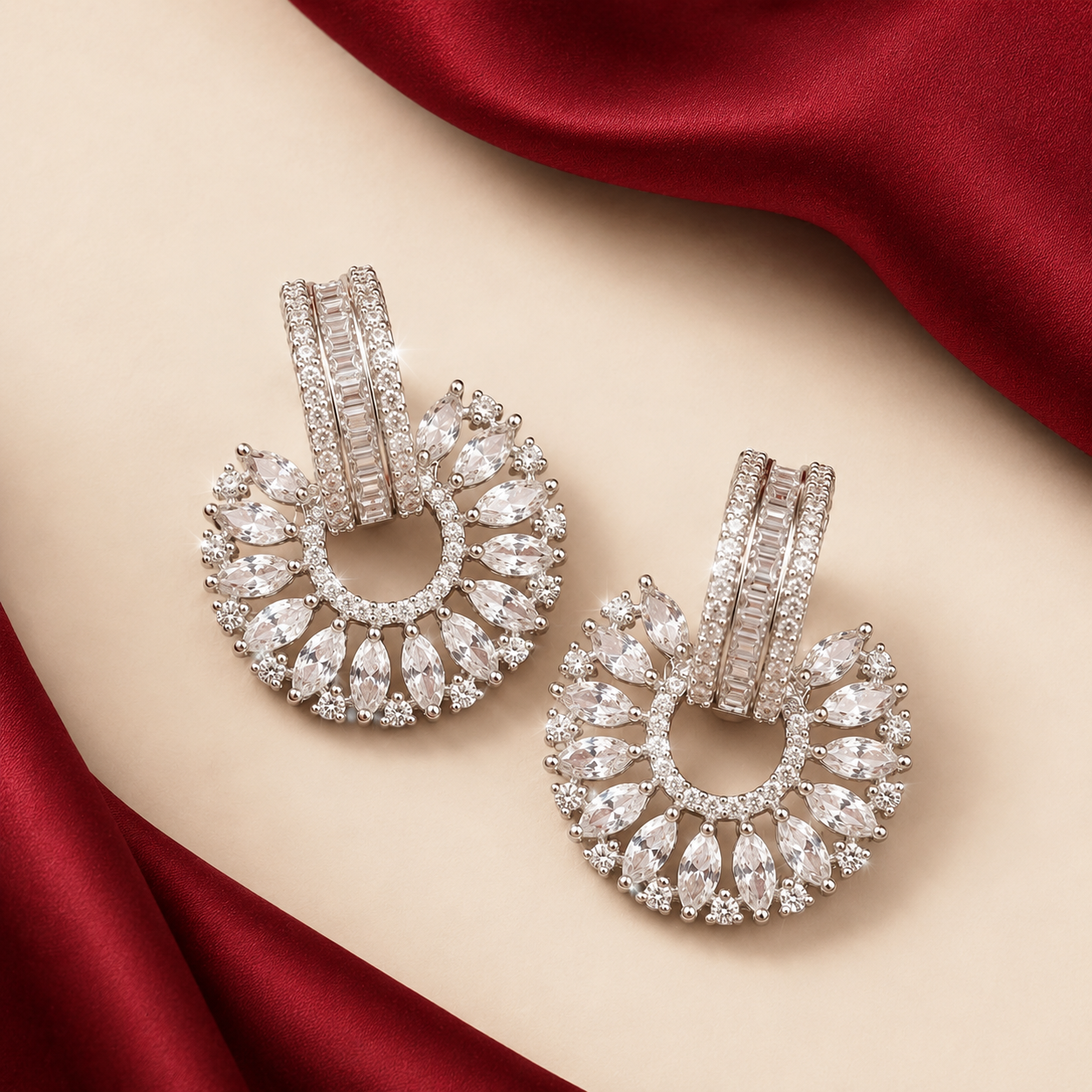 White AD Baguette Fan Wheel Statement Stud Earrings