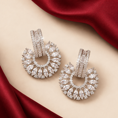 White AD Baguette Fan Wheel Statement Stud Earrings
