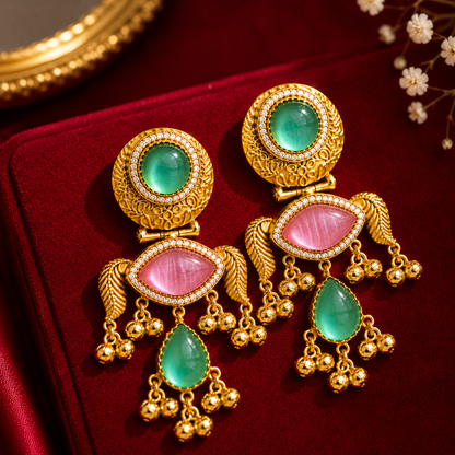 Gold Plated Green Pink Oval AD Teardrop Ghungroo Earrings