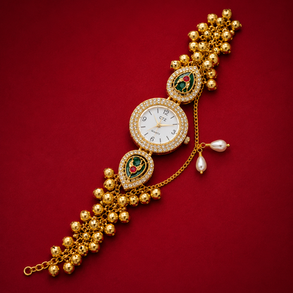 Green Meenakari Teardrop AD Ghungroo Chain Pearl Drop Watch