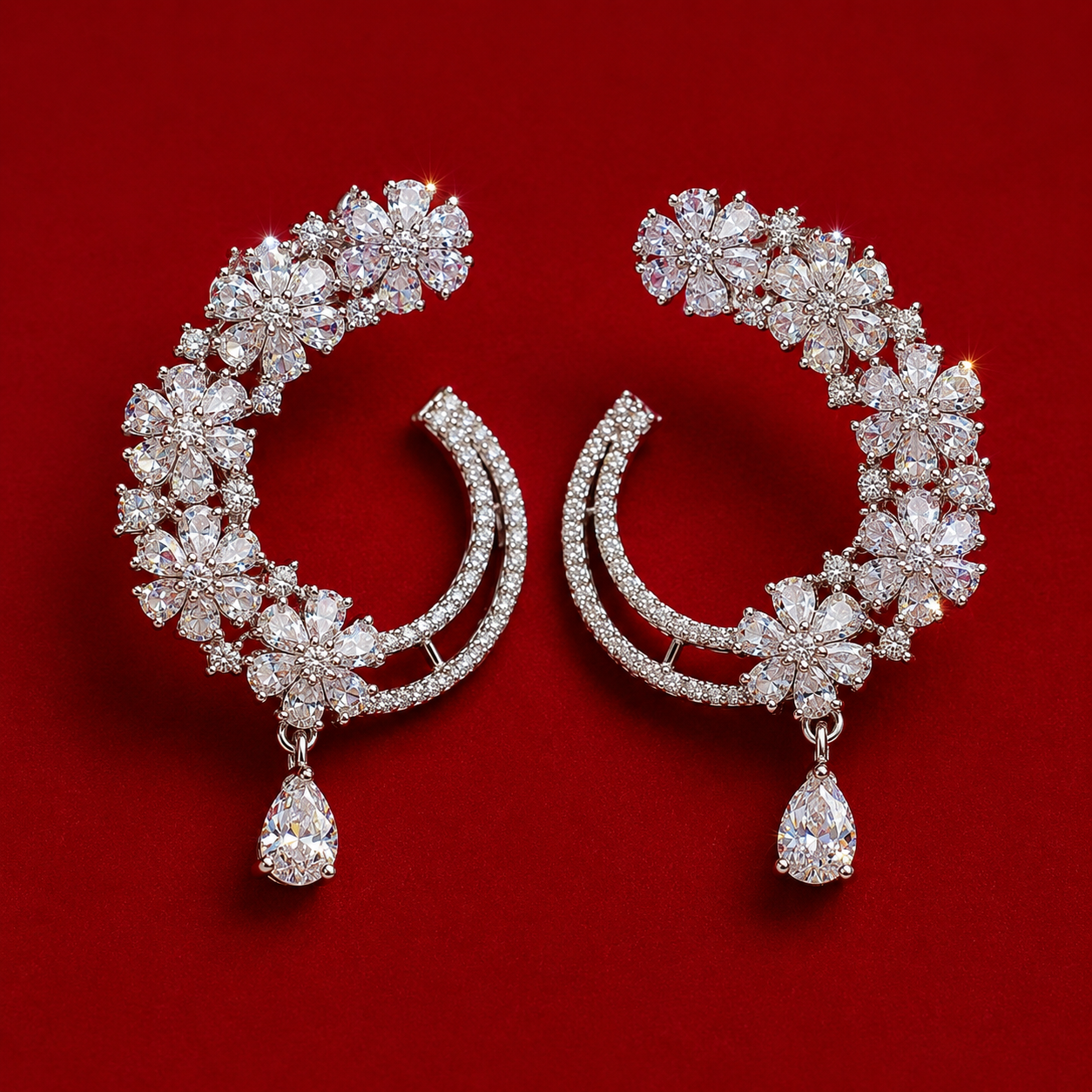 White AD Flower Teardrop Dangler Earrings