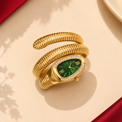 Gold Plated Snake Wrap Coil AD Bezel Quartz Watch