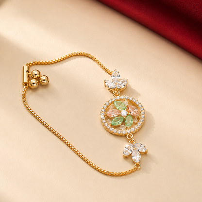 Gold Tone Peach Green Floral AD Leaf Chain Bracelet
