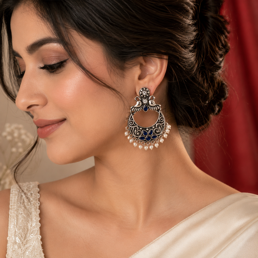 Oxidised Silver Blue Stone Peacock Crescent Chandbali Earrings
