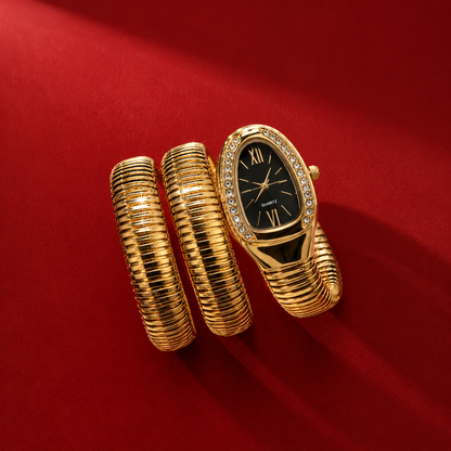 Gold Plated Snake Wrap Coil AD Bezel Quartz Watch