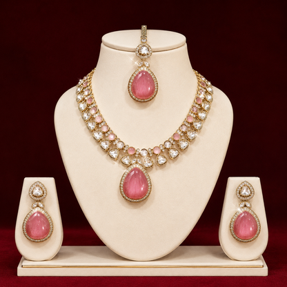 Moisannite Dusty Rose Pink Polki Kundan Necklace Set With Maang Tikka