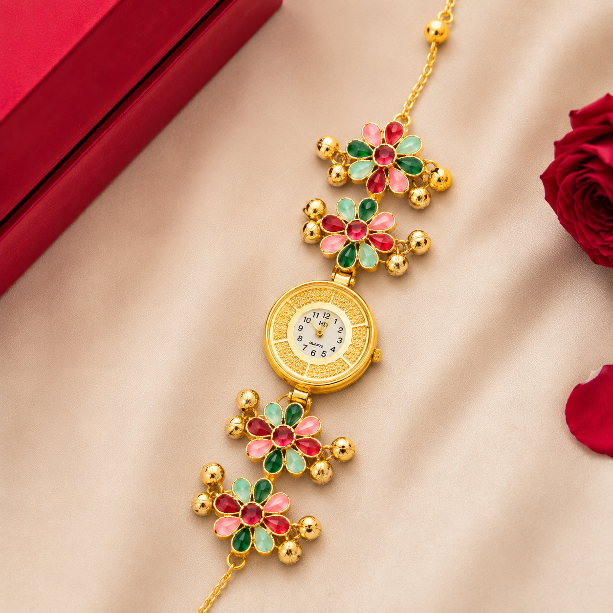 Gold Tone Multi Stone Petal Flower Ghungroo Chain Watch