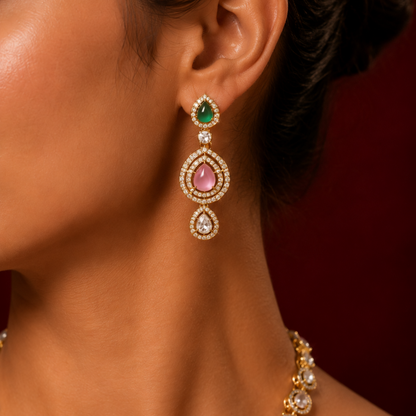 Moisannite Blush Pink Jade Green Uncut Polki Diamond Long Haar Set
