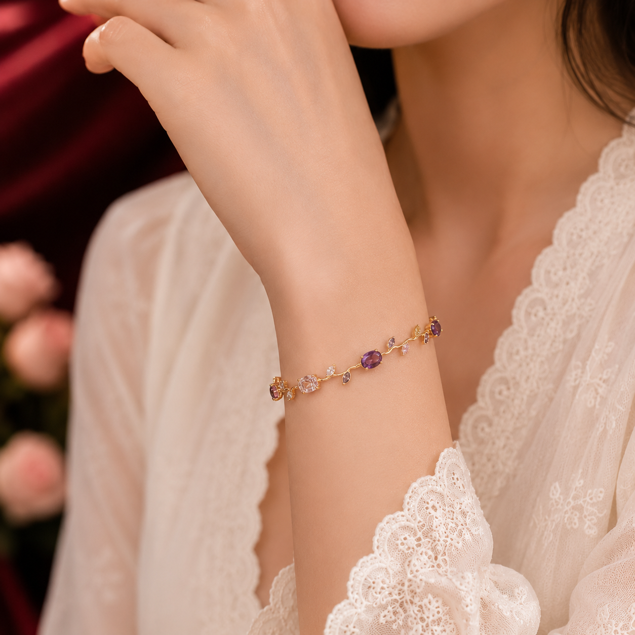 Gold Plated Amethyst Purple AD Twisted Vine Link Bracelet