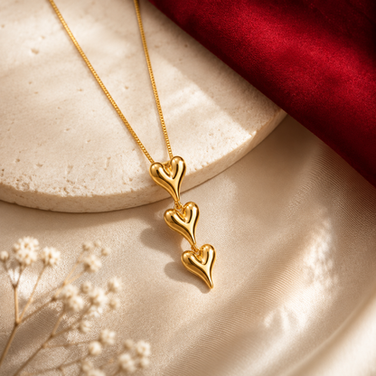 Triple Puffy Heart Drop Necklace