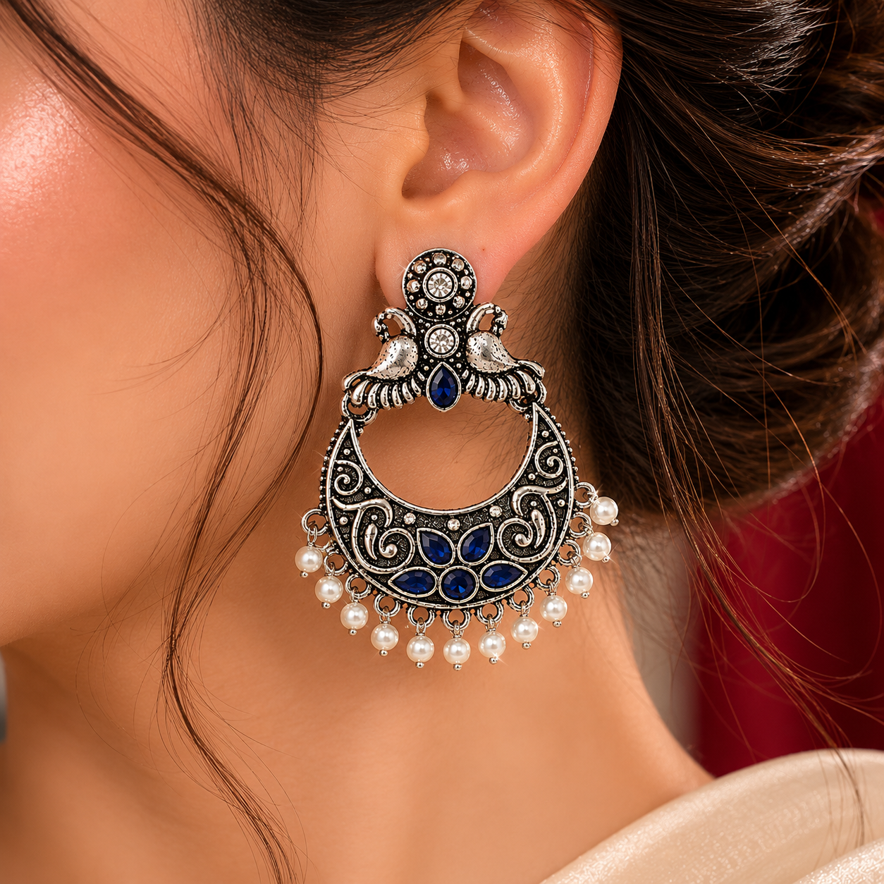 Oxidised Silver Blue Stone Peacock Crescent Chandbali Earrings