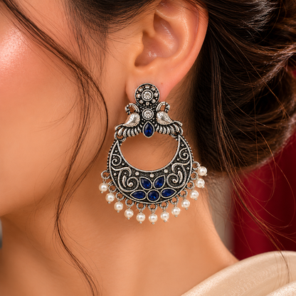 Oxidised Silver Blue Stone Peacock Crescent Chandbali Earrings