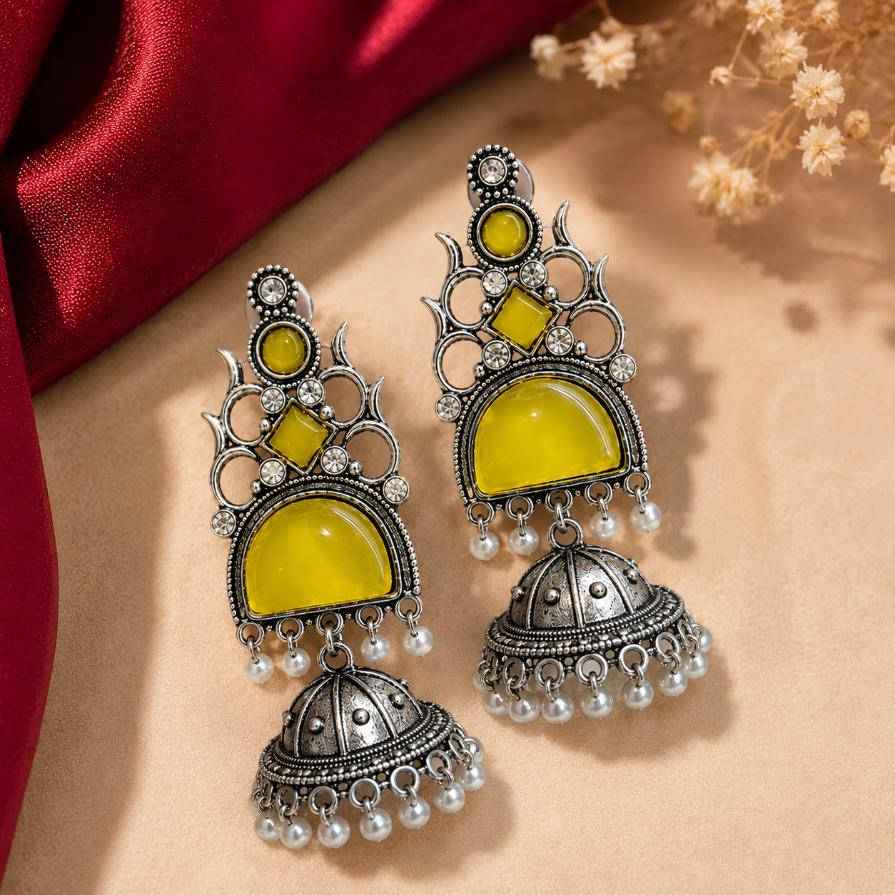 Oxidised Silver Round Half Moon Multi Stone Jhumka Pearl Earrings