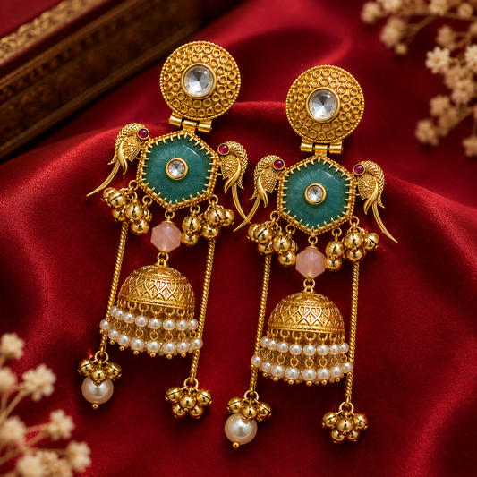 Gold Green Stone Polki Parrot Motif Pearl Ghungroo Earrings