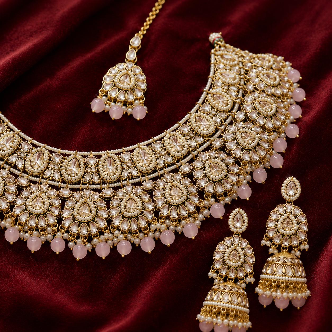 Blush Pink Polki Kundan Pearl Necklace Set With Maang Tikka