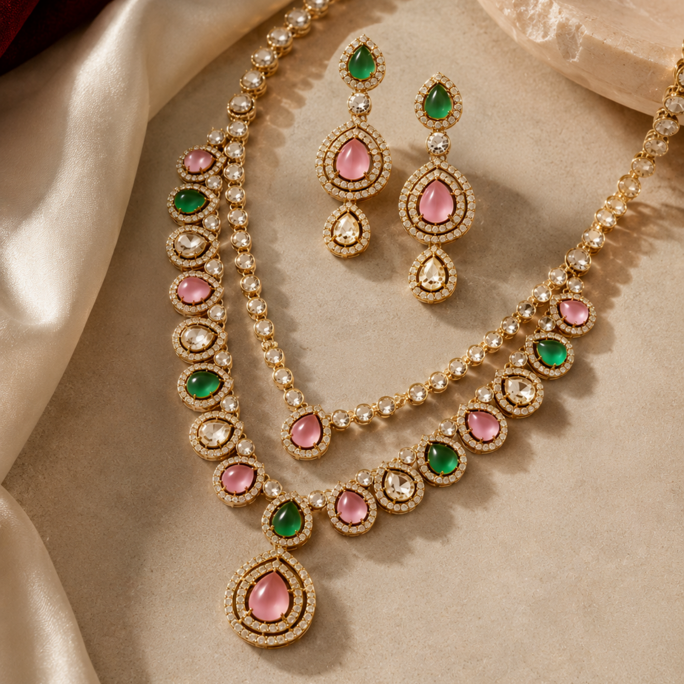Moisannite Blush Pink Jade Green Uncut Polki Diamond Long Haar Set