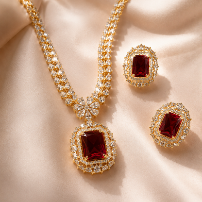 Gold Tone Red Ruby Rectangle AD Halo Pendant Necklace Set