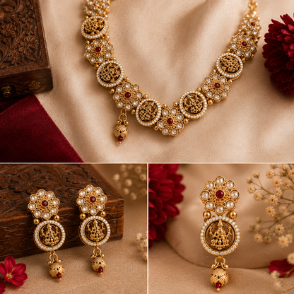 Goddess Lakshmi Temple Kundan Pearl Red AD Necklace Set