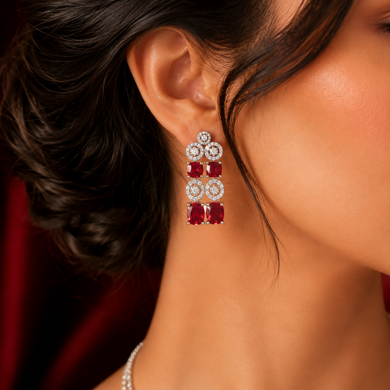 Red Ruby Square Round AD Alternating Double Layer Necklace Set