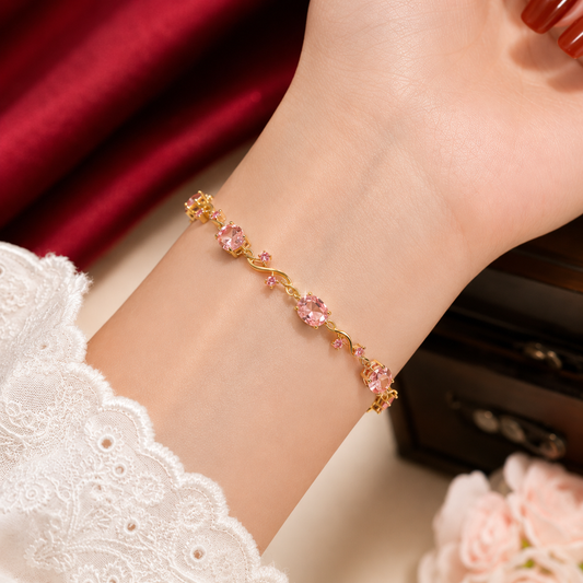 Gold Tone Blush Pink Round Vine Link Tennis Bracelet