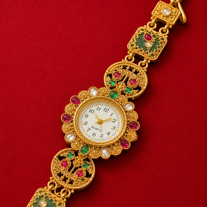 Gold Plated Pearl Peacock Floral Filigree Oval Link Watch