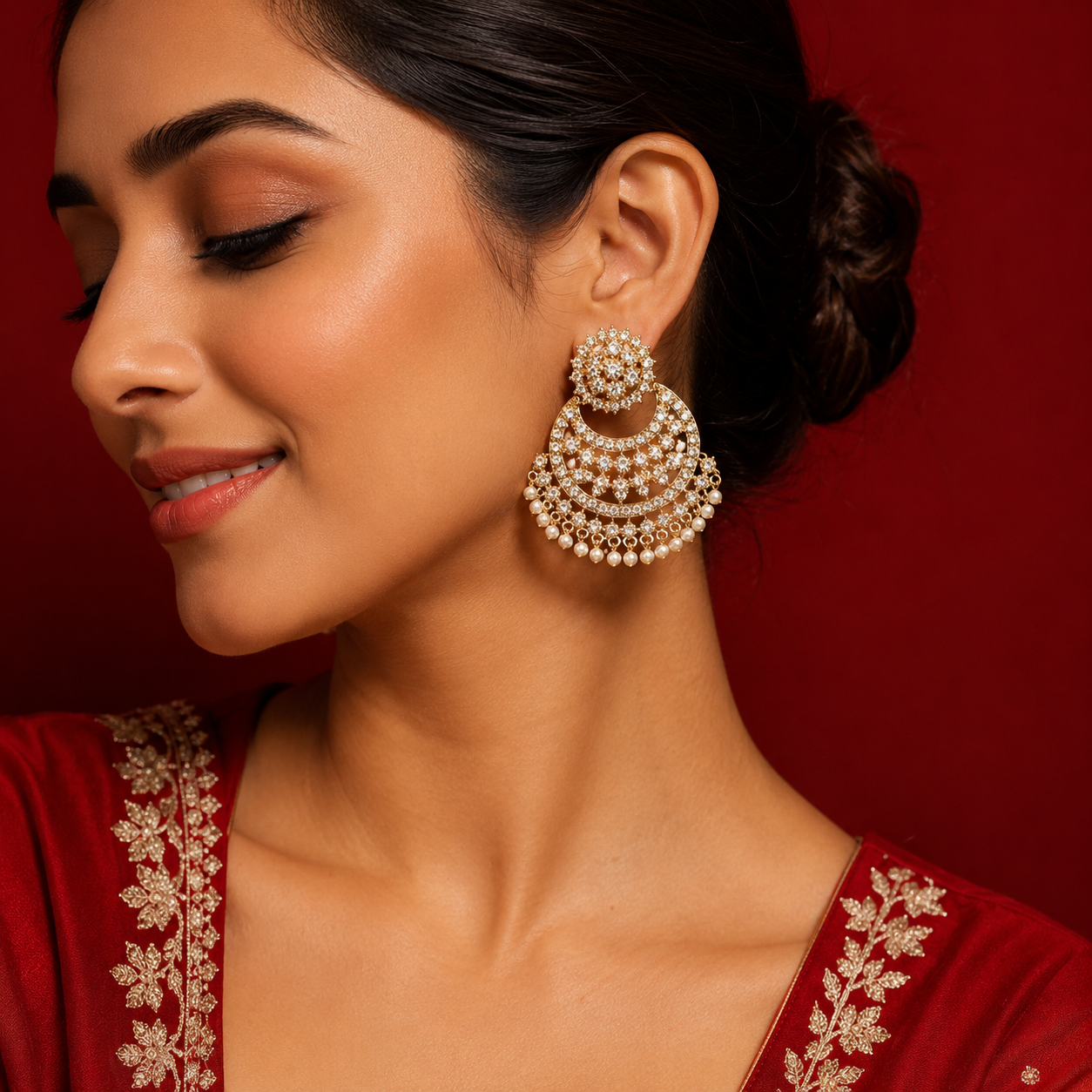 Gold Plated Round Multi Layer Crescent Moon Chandbali Earrings