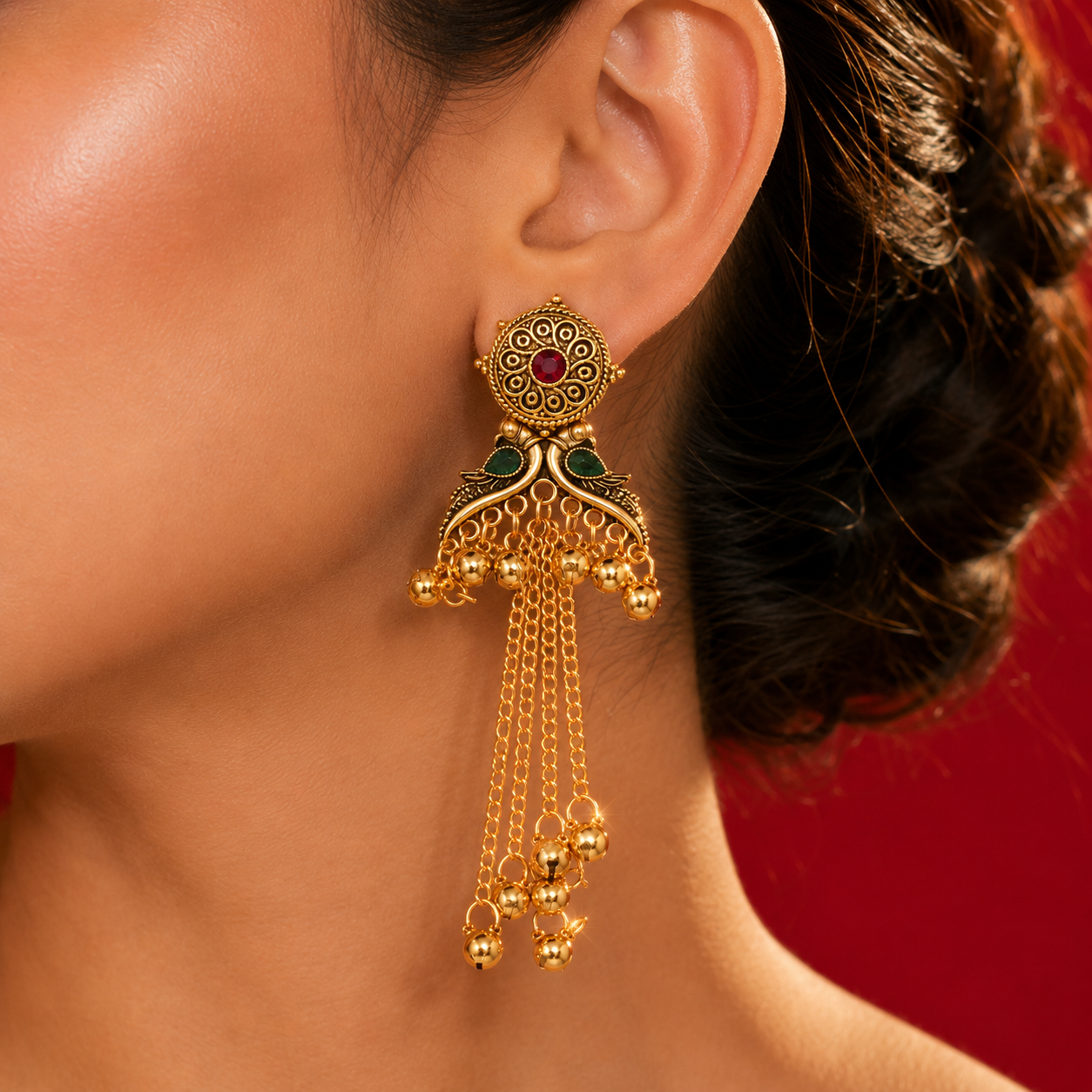 Gold Ruby Emerald Teardrop Stud Long Chain Ghungroo Earrings